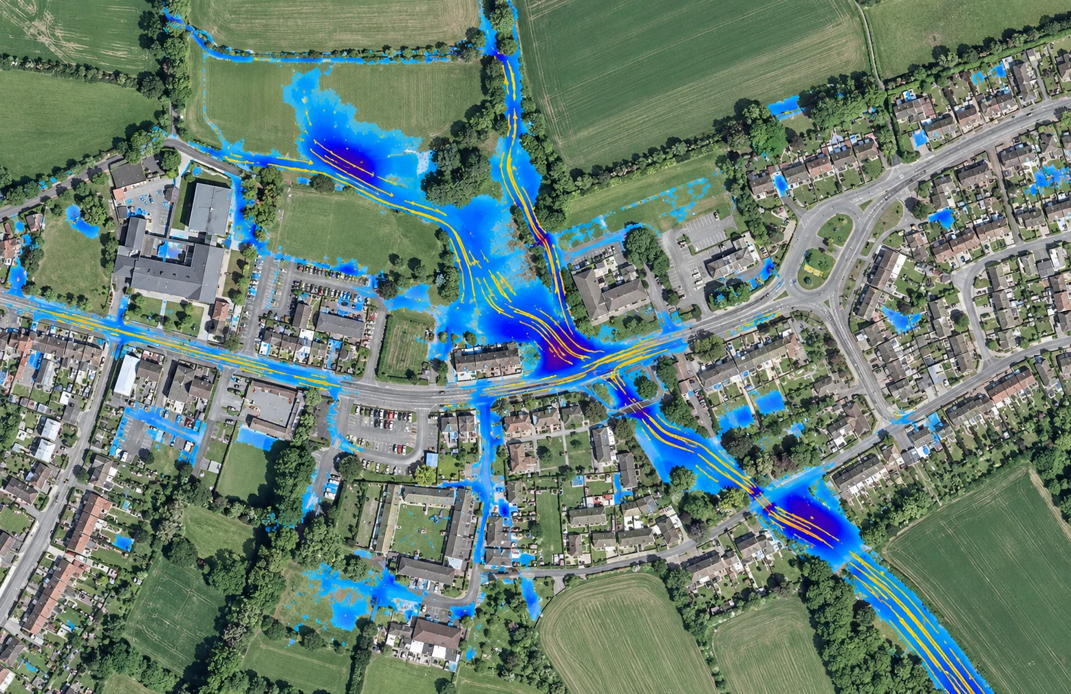 Illustrative aerial flood-flow visualisation with water pathways